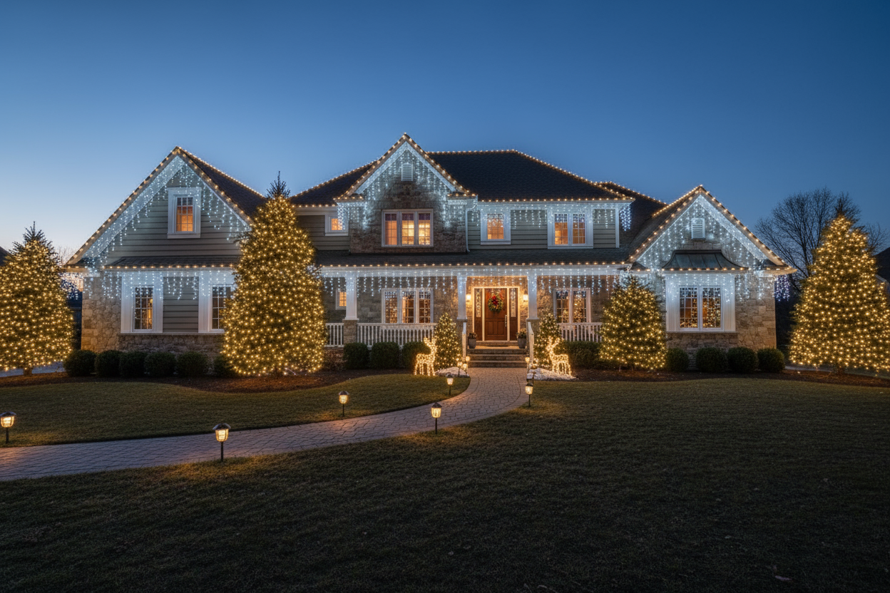 House with extensive Christmas lighting