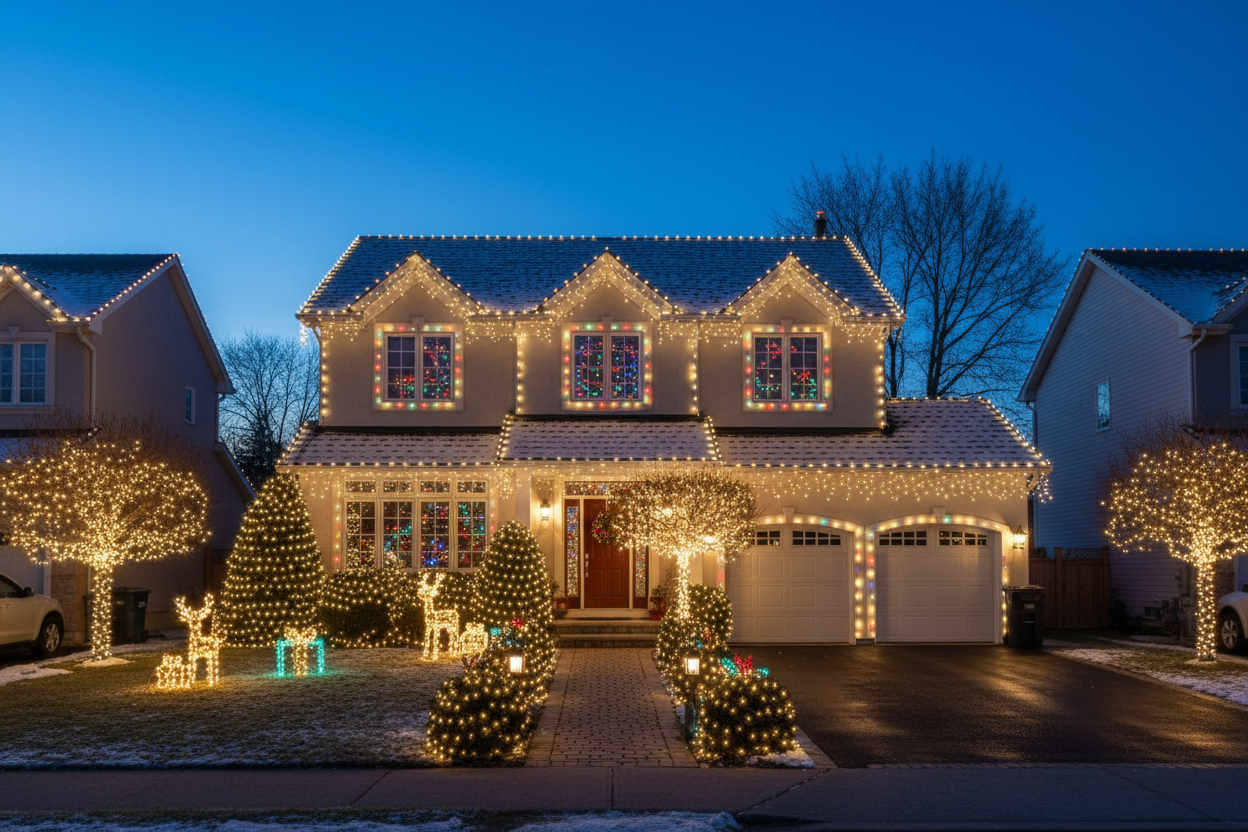 Suburban house with generous Christmas light coverage